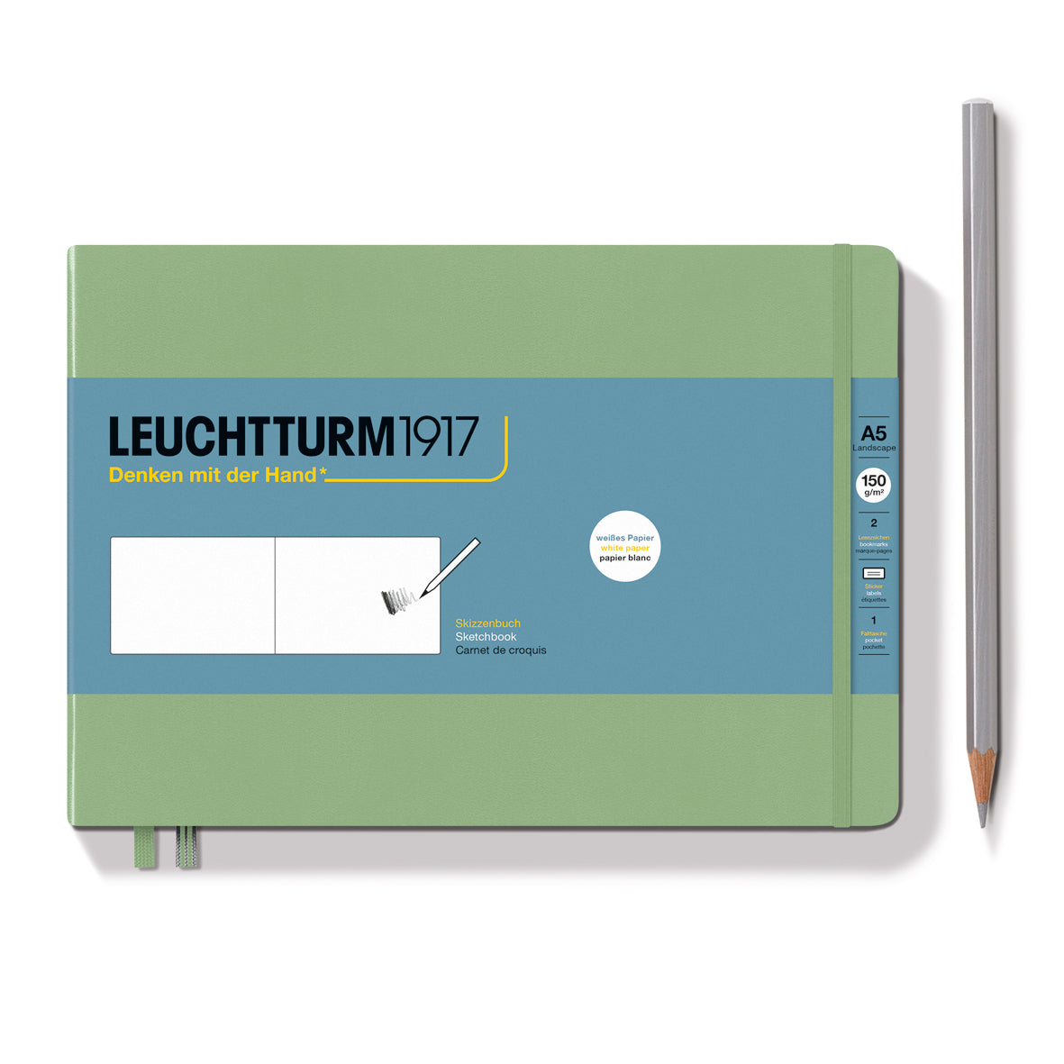 Sketchbook, Medium (A5) Landscape, Hardcover, Plain, 112 pages(150gsm), Sage