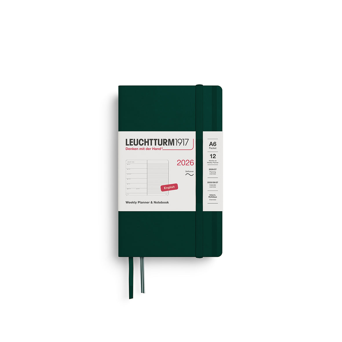 Weekly Planner & Notebook Pocket (A6) 2026, Softcover, Forest Green