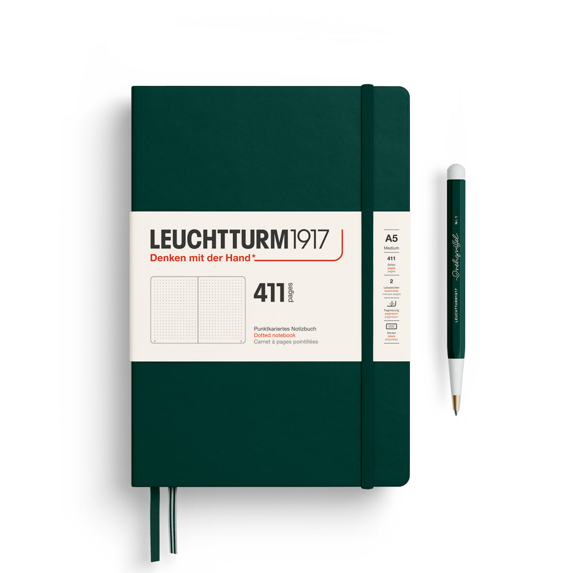 Notebook Medium (A5) Hardcover, 411 Numbered pages, Dotted, Forest Green