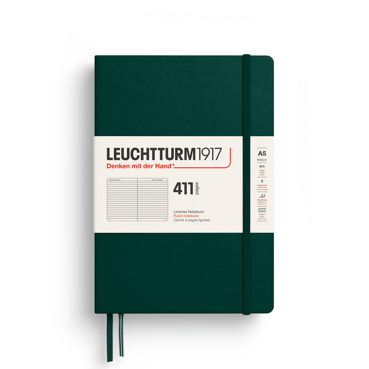 Notebook Medium (A5) Hardcover, 411 Numbered pages, Ruled, Forest Green