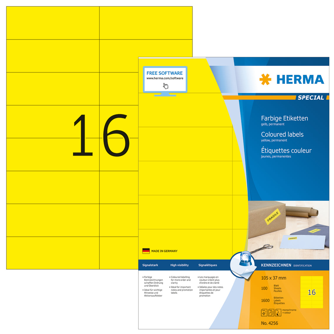 Coloured Labels A4, 105 x 37mm, Yellow, Permanent Adhesion