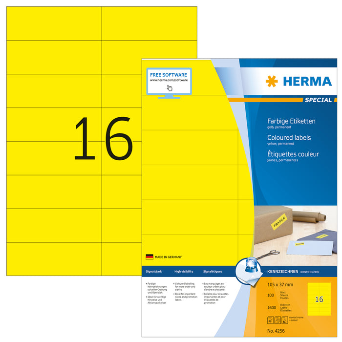 Coloured Labels A4, 105 x 37mm, Yellow, Permanent Adhesion