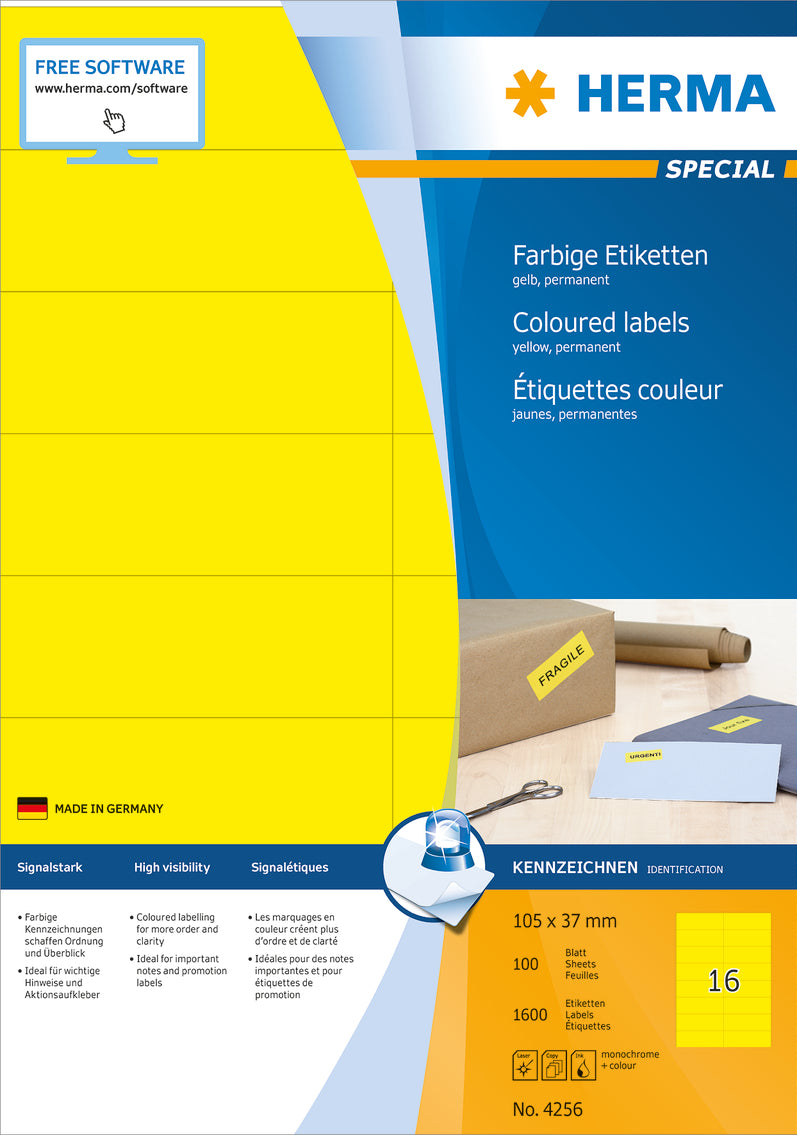 Coloured Labels A4, 105 x 37mm, Yellow, Permanent Adhesion