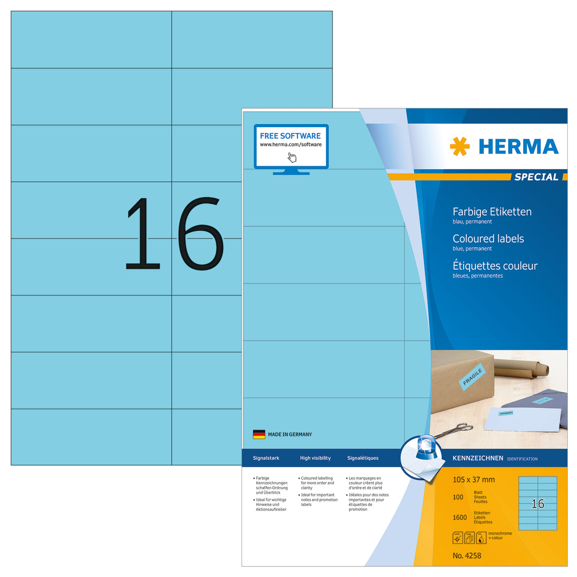 Coloured Labels A4, 105 x 37mm, Blue, Permanent Adhesion