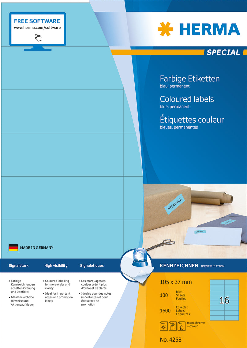 Coloured Labels A4, 105 x 37mm, Blue, Permanent Adhesion