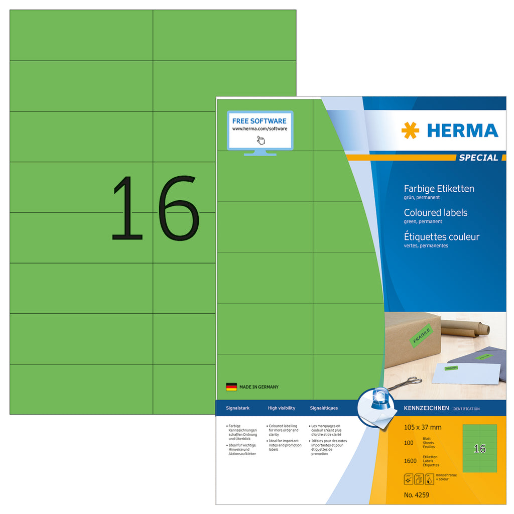 Coloured Labels A4, 105 x 37mm, Green, Permanent Adhesion