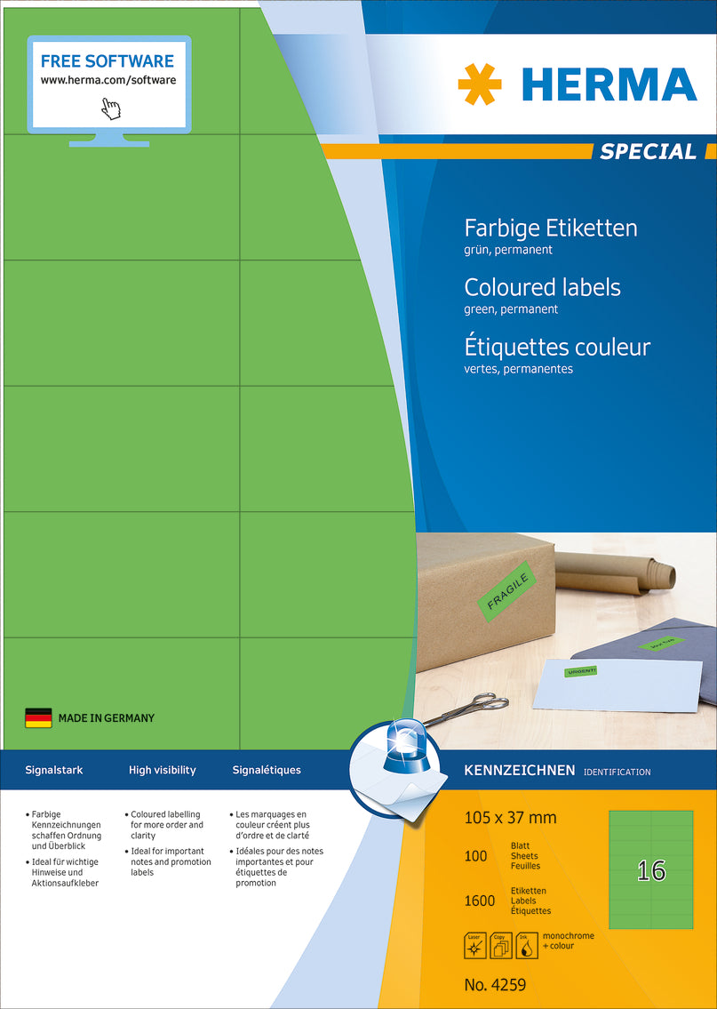 Coloured Labels A4, 105 x 37mm, Green, Permanent Adhesion