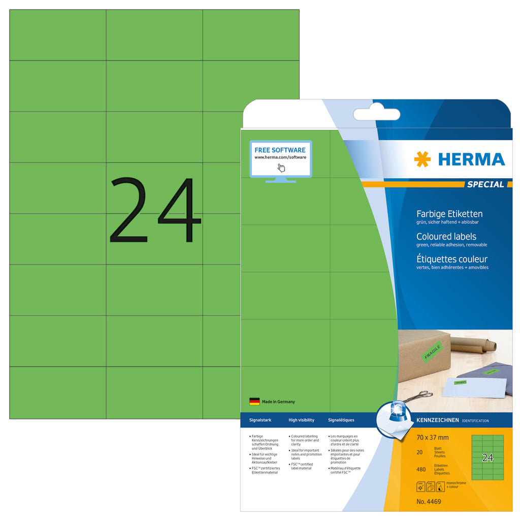 Coloured Labels A4, 70 x 37mm, Green, Removable