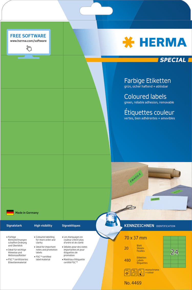 Coloured Labels A4, 70 x 37mm, Green, Removable