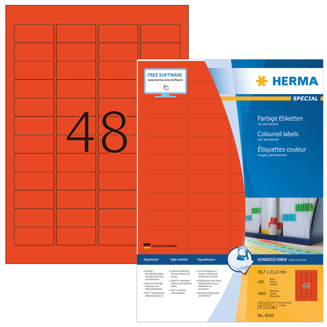 Coloured Labels A4, 45.7 x 21.2mm, Red, Permanent Adhesion
