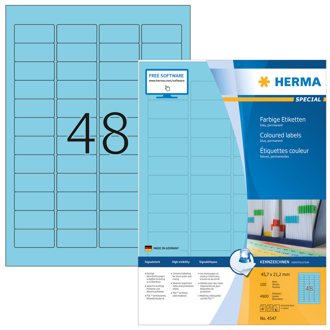 Coloured Labels A4, 45.7 x 21.2mm, Blue, Permanent Adhesion