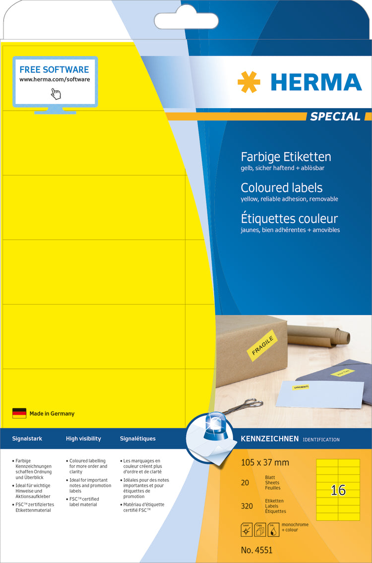 Coloured Labels A4, 105 x 37mm, Yellow, Removable