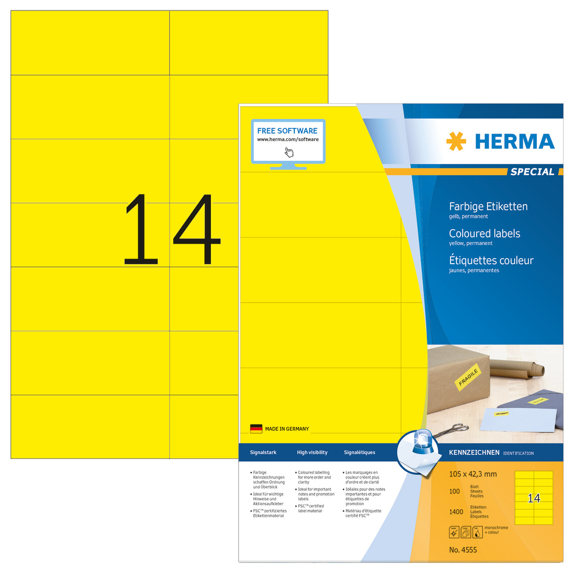 Coloured Labels A4, 105 x 42.3mm, Yellow, Permanent Adhesion