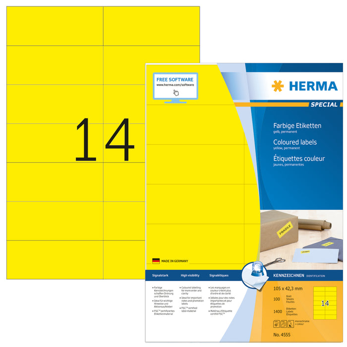 Coloured Labels A4, 105 x 42.3mm, Yellow, Permanent Adhesion
