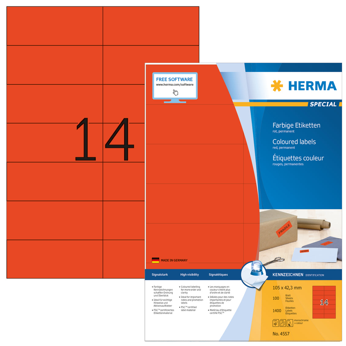 Coloured Labels A4, 105 x 42.3mm, Red, Permanent Adhesion
