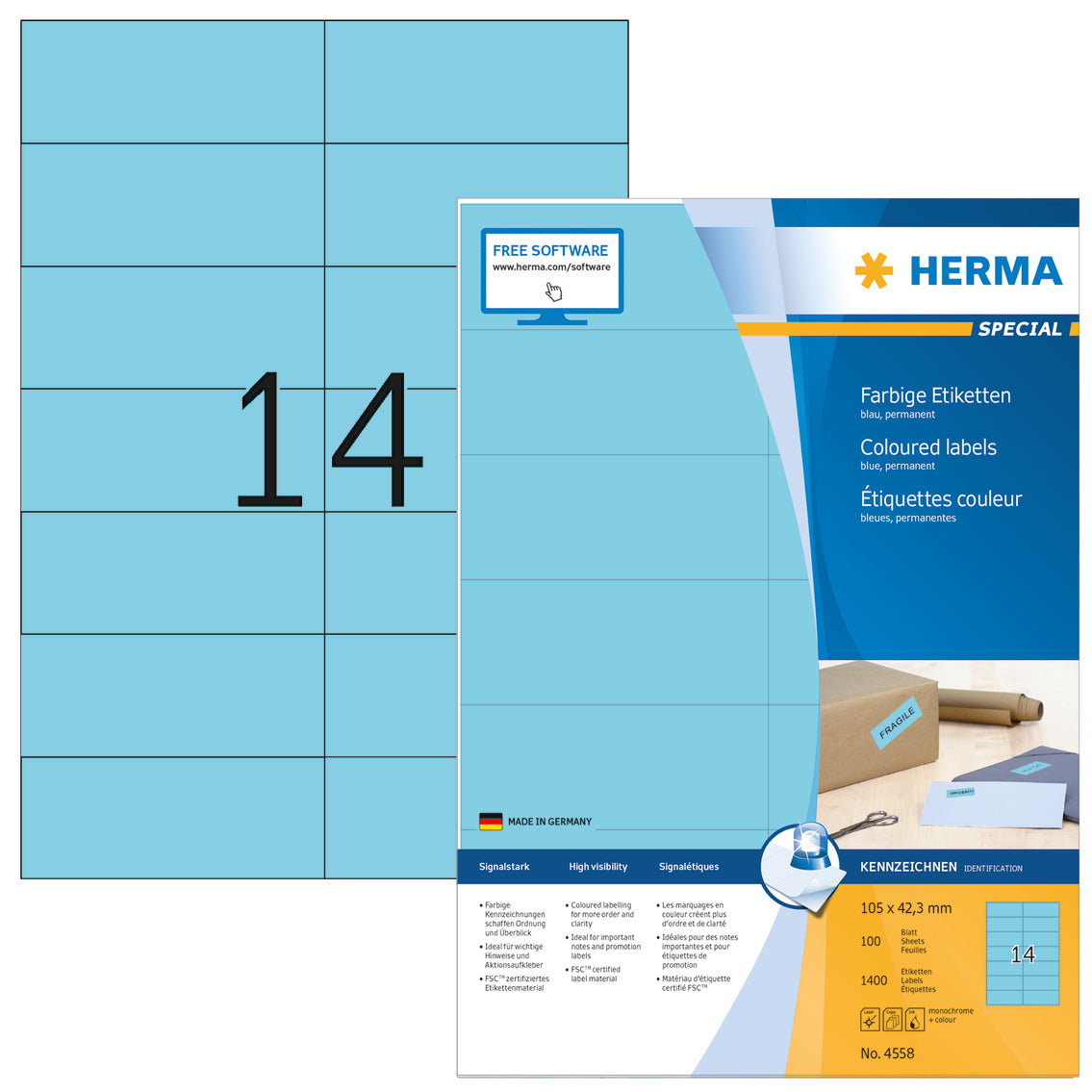 Coloured Labels A4, 105 x 42.3mm, Blue, Permanent Adhesion