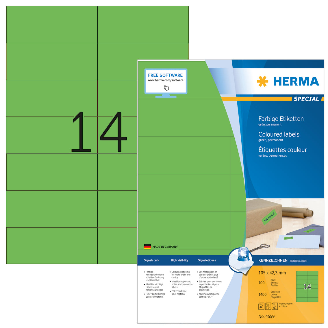 Coloured Labels A4, 105 x 42.3mm, Green, Permanent Adhesion