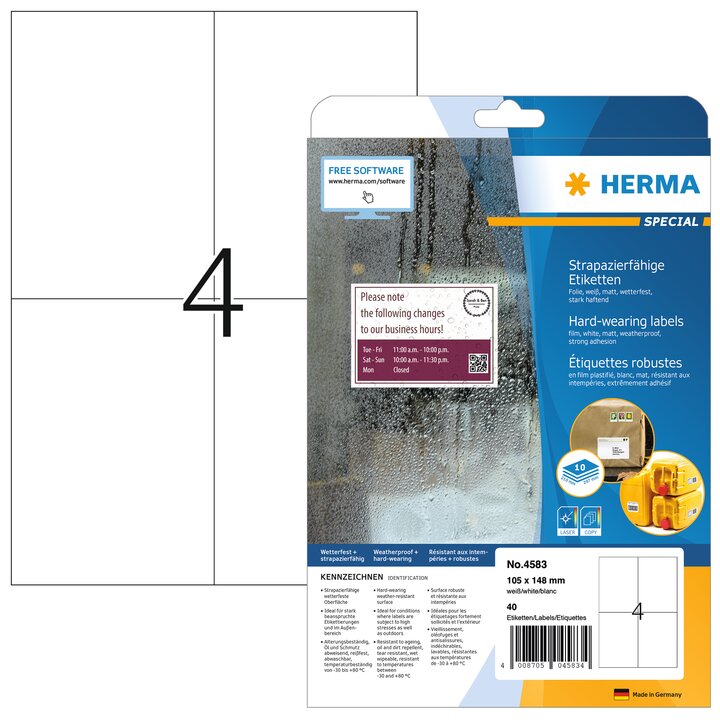 Weatherproof film labels A4, 105 x 148 mm, white, extremely strong adhesion