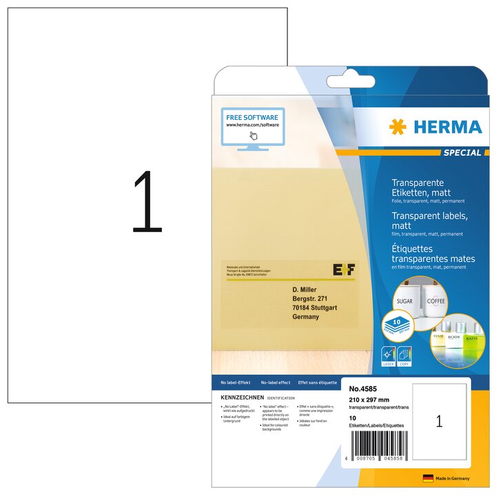 Transparent film labels, matt A4, 210 x 297 mm, weatherproof, permanent adhesion