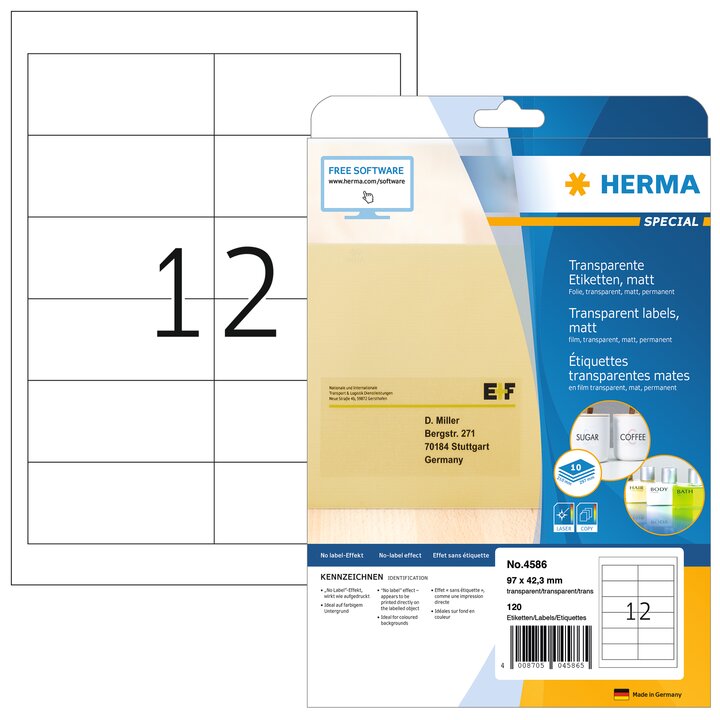 Transparent film labels, matt A4, 97 x 42.3 mm, weatherproof, permanent adhesion