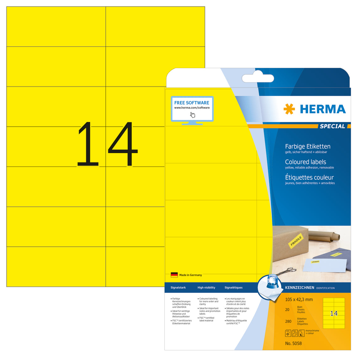 Coloured Labels A4, 105 x 42.3mm, Yellow, Removable