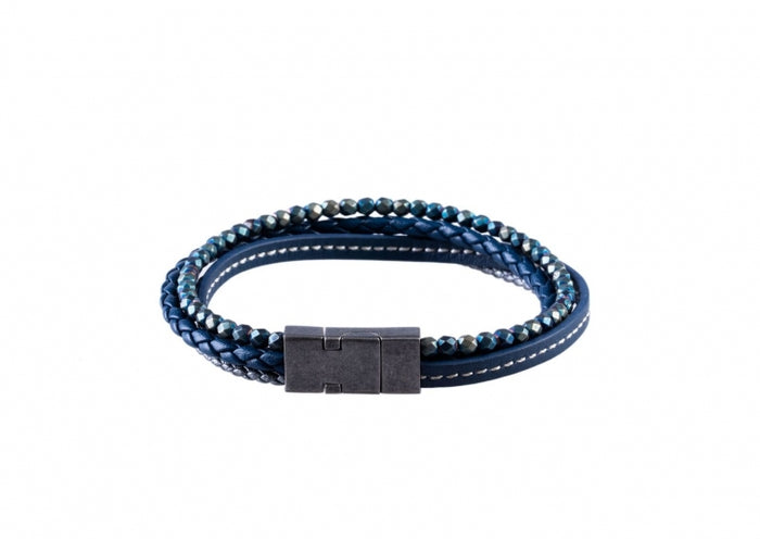 Multi-Strand Blue Leather & Hematite Beads Bracelet with Ion Plated Antique Stainless Steel Magnetic Clasp