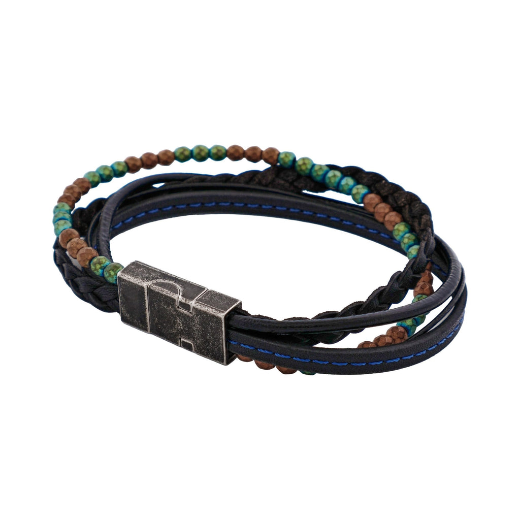 Multi-Strand Black Leather & Earth Coloured Hematite Beads Bracelet with Ion Plated Antique Stainless Steel Magnetic Clasp