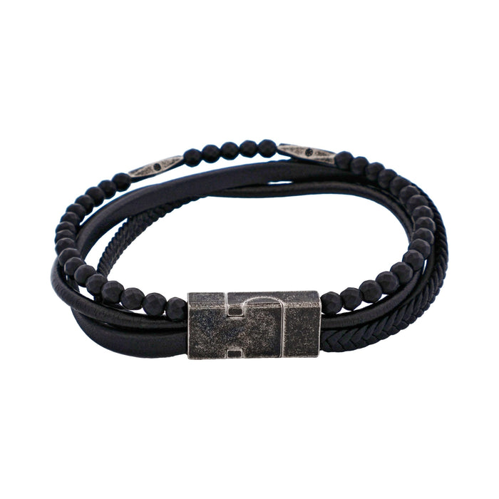Multi-Strand Black Leather & Black Hematite Beads Bracelet with Ion Plated Antique Stainless Steel Magnetic Clasp