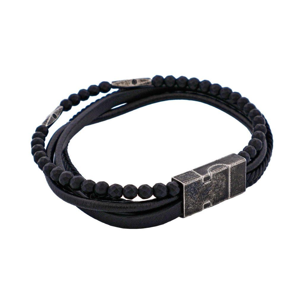 Multi-Strand Black Leather & Black Hematite Beads Bracelet with Ion Plated Antique Stainless Steel Magnetic Clasp