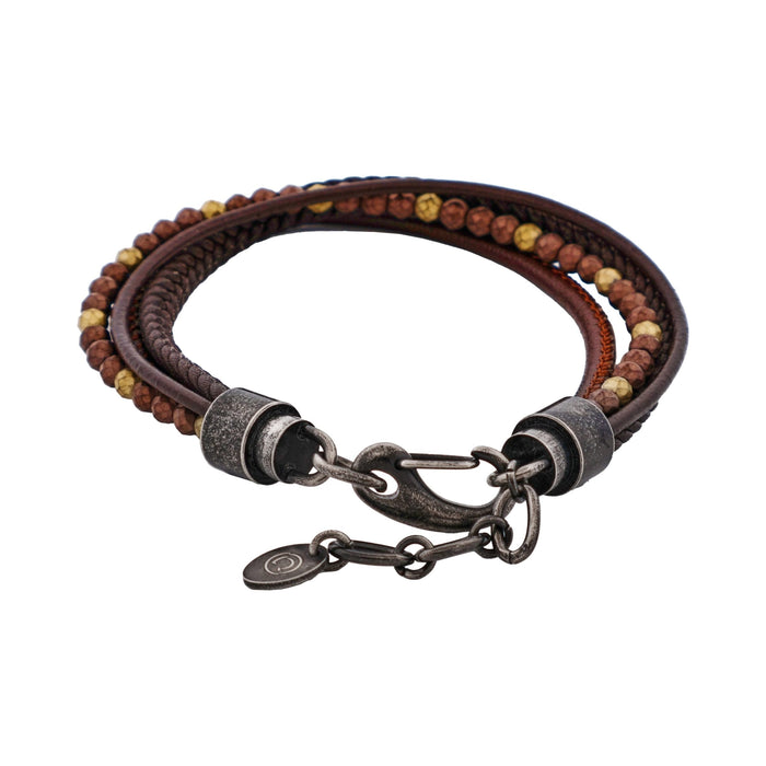 Multi-Strand Brown Leather & Hematite Beads Bracelet with Ion Plated Antique Stainless Steel Clasp