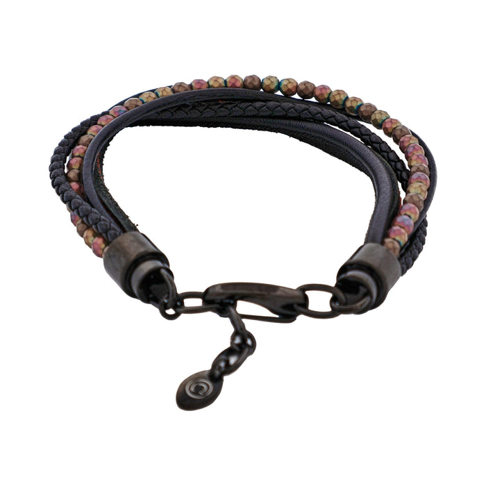 Multi-Strand Black Leather & Hematite Beads Bracelet with Ion Plated Black Polished Stainless Steel Clasp