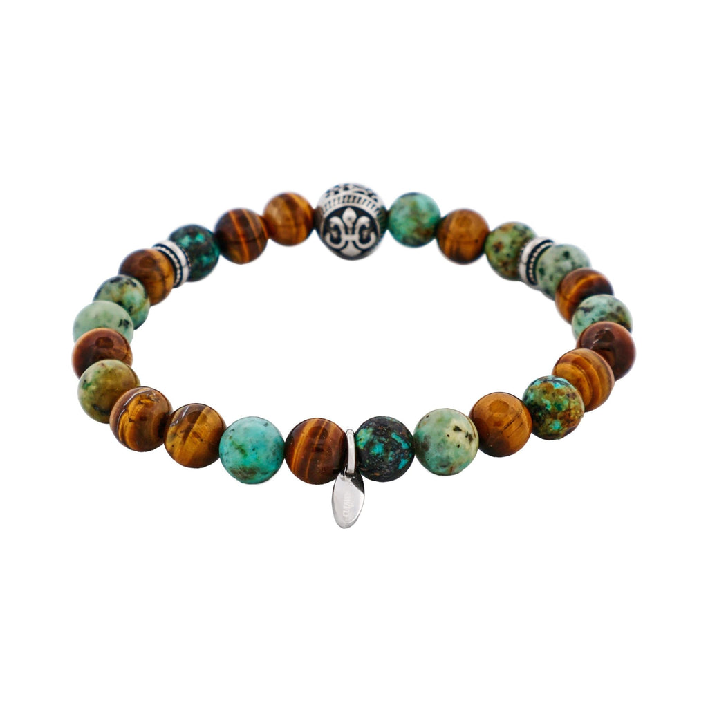 8mm Tiger Eye & African Turquoise Bead & Stainless Steel Bracelet