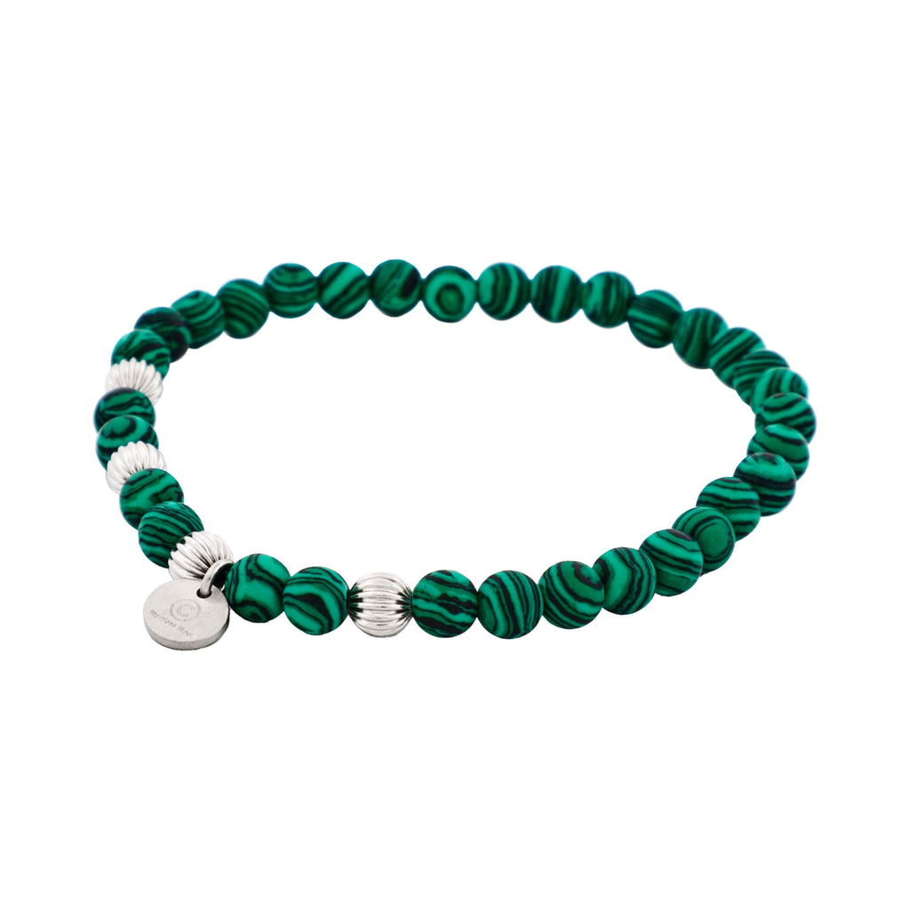 6mm Green Malachite Stone Beads & Stainless Steel Bracelet