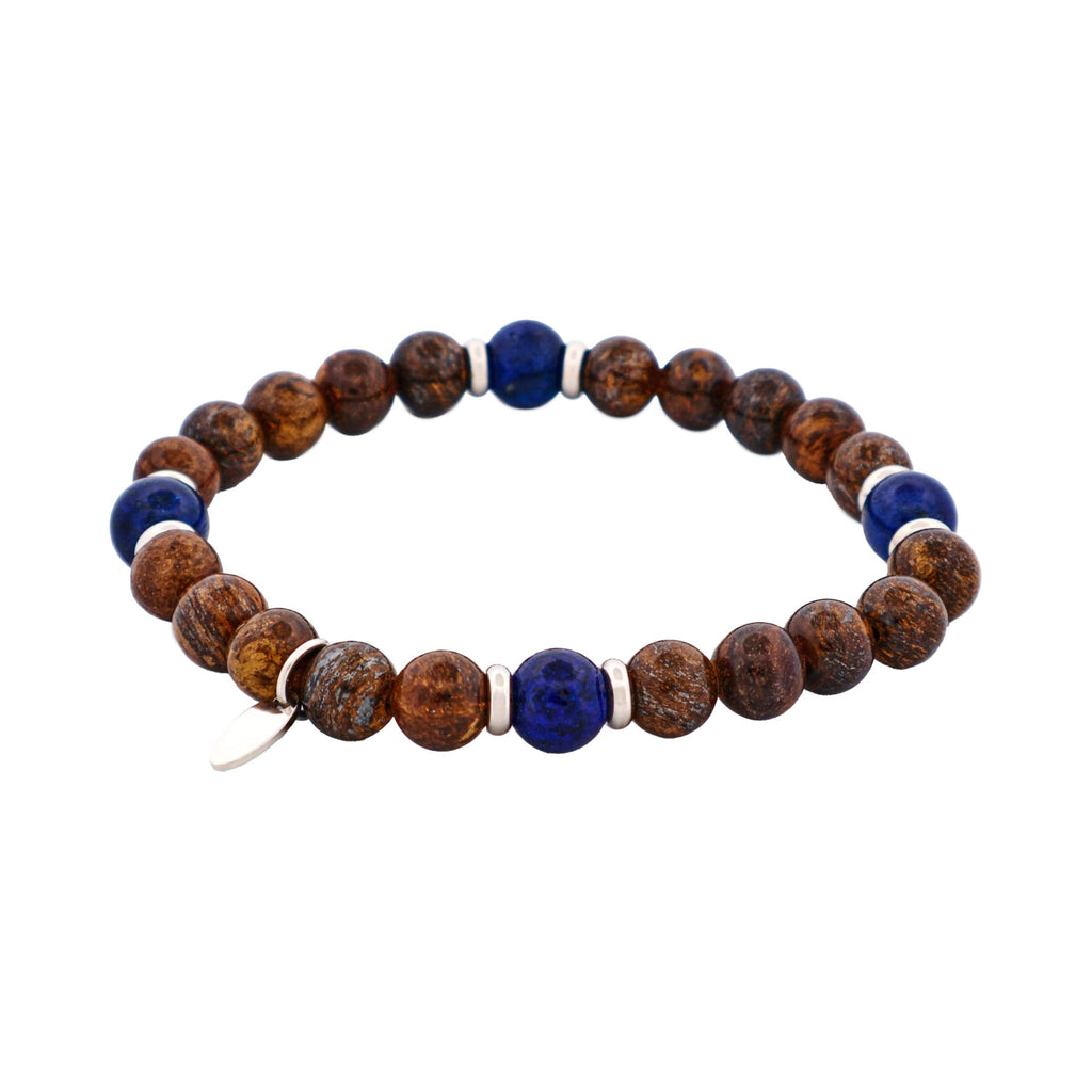 8mm Bronzite & Lapis Lazuli Stainless Steel Beaded Bracelet