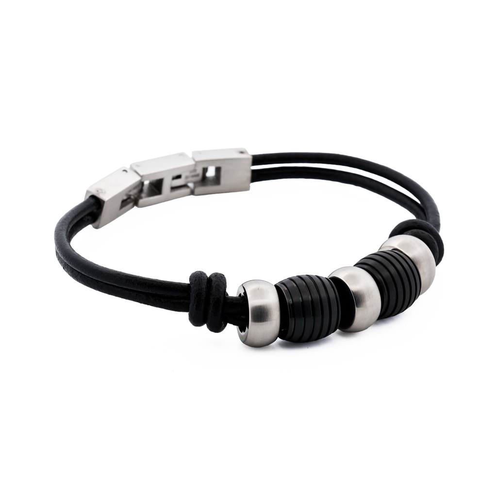 Stainless Steel/Ion Plated Black Beaded/Leather Bracelet