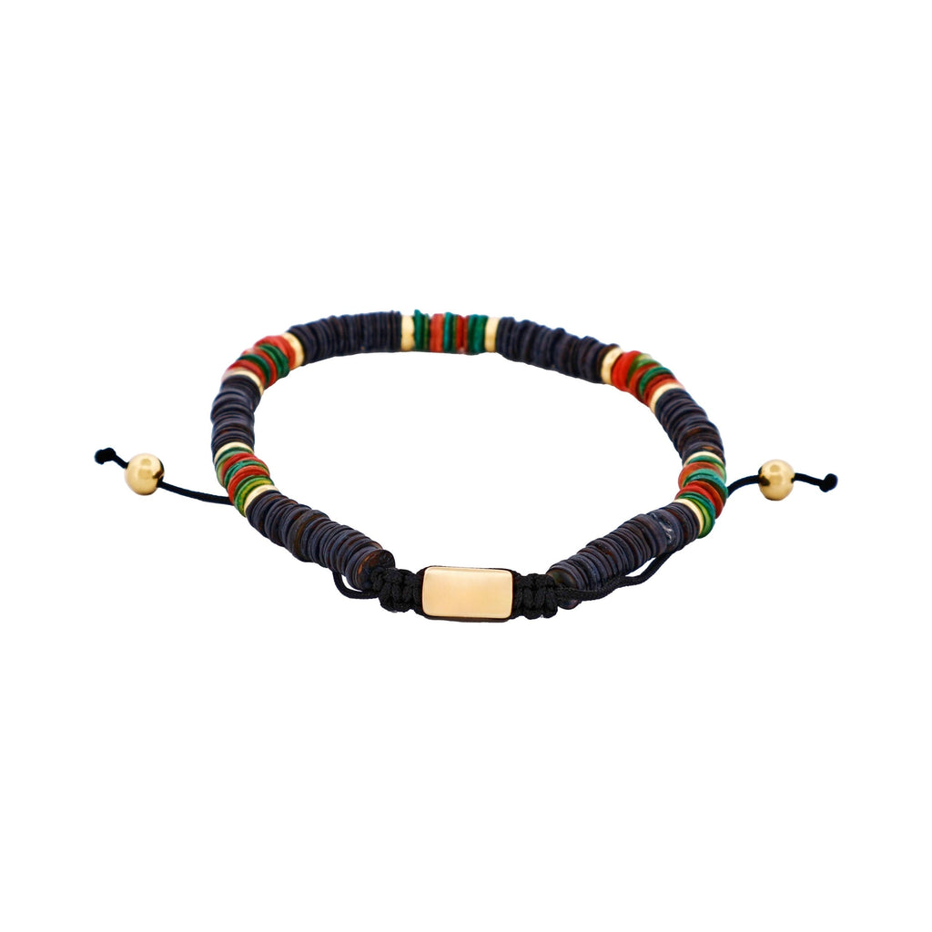 Savage - Multi Coloured Shell DiscsIon Plated Gold Stainless Steel Bead Macrame Bracelet