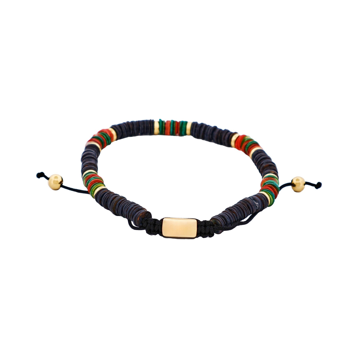Savage - Multi Coloured Shell DiscsIon Plated Gold Stainless Steel Bead Macrame Bracelet