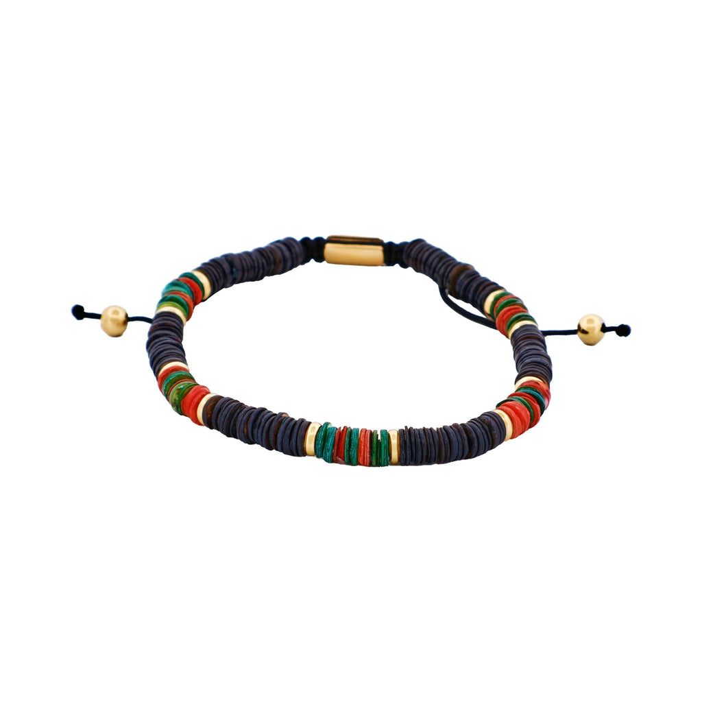 Savage - Multi Coloured Shell DiscsIon Plated Gold Stainless Steel Bead Macrame Bracelet