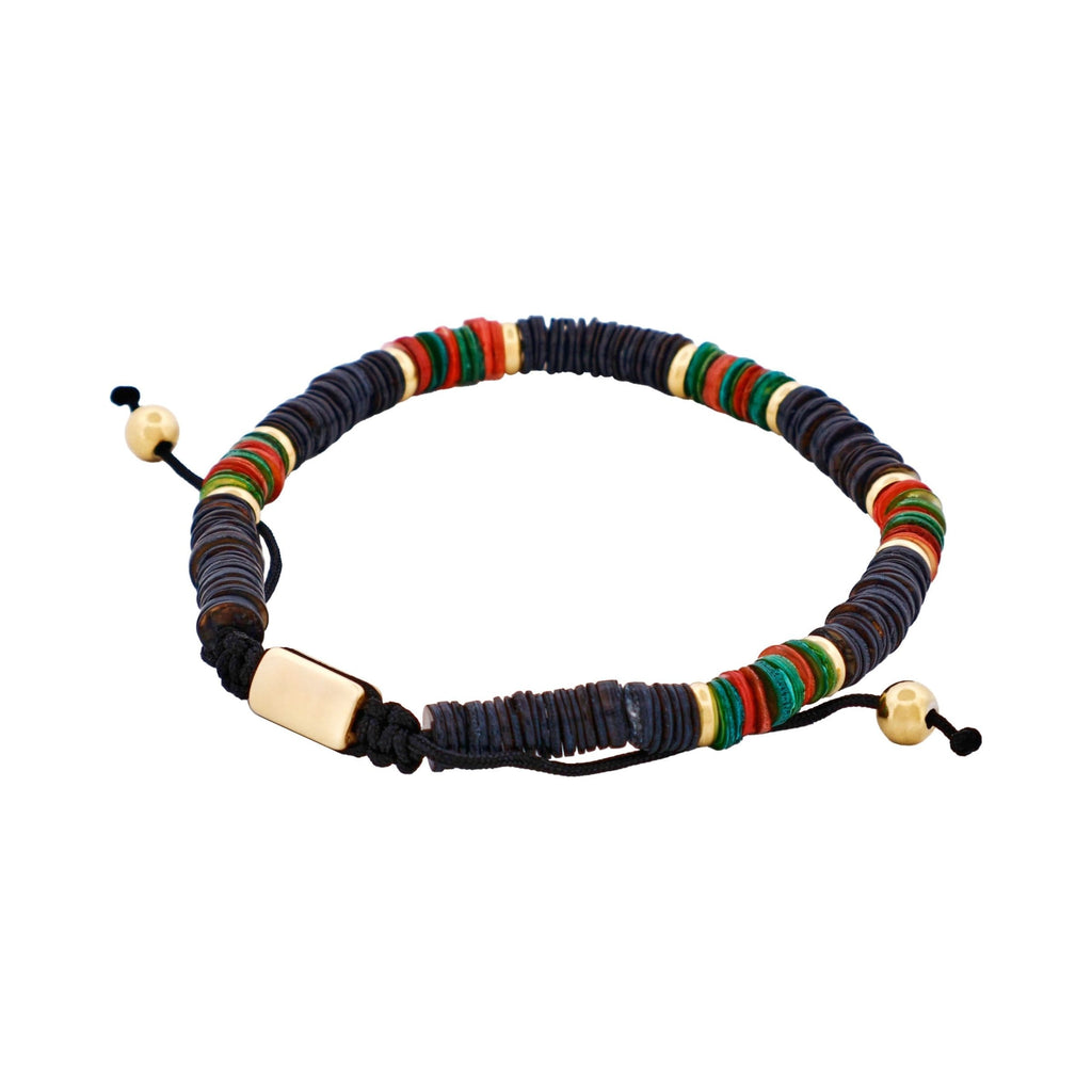 Savage - Multi Coloured Shell DiscsIon Plated Gold Stainless Steel Bead Macrame Bracelet