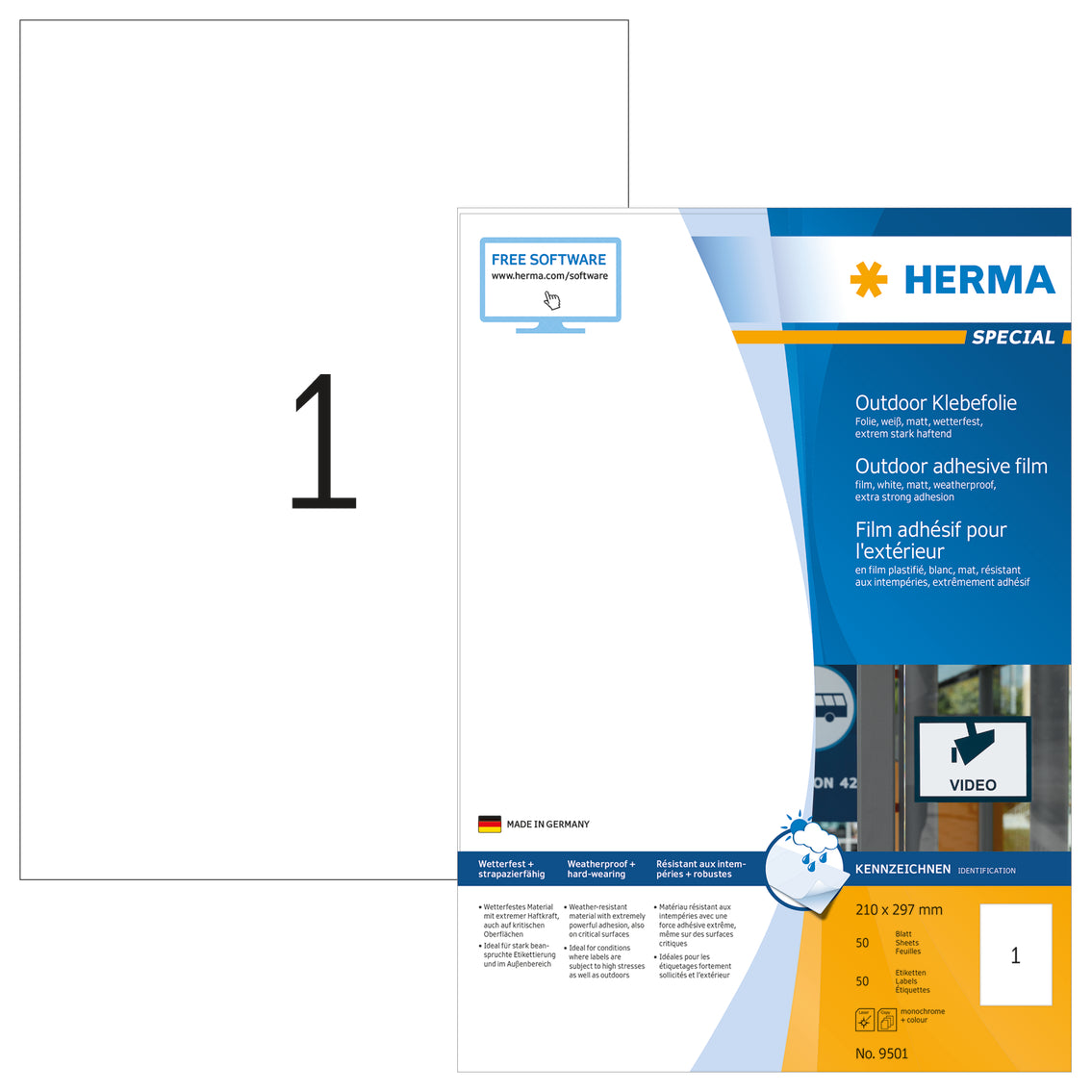 Weatherproof Outdoor Film Labels A4, 210 x 297mm, White, Extremely Strong Adhesion, Stretchable (50 labels / 50 sheets)