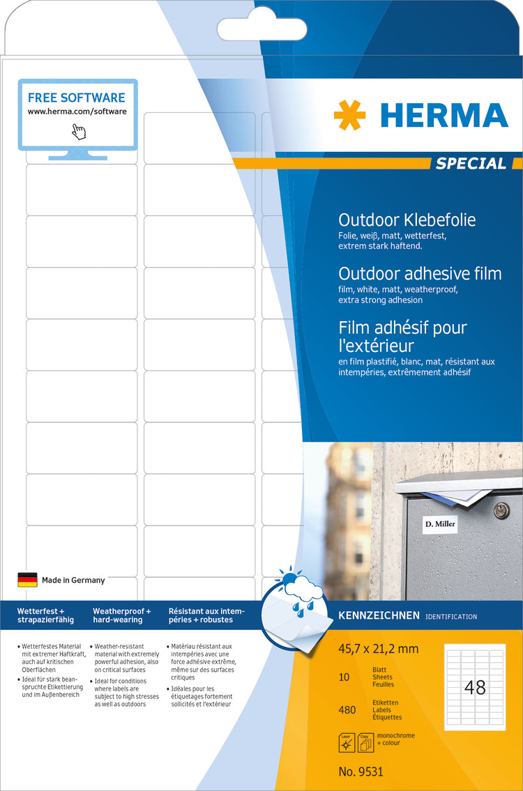 Weatherproof Outdoor Film Labels A4, 45.7 x 21.2mm, White, Extremely Strong Adhesion, Stretchable (480 labels / 10 sheets)