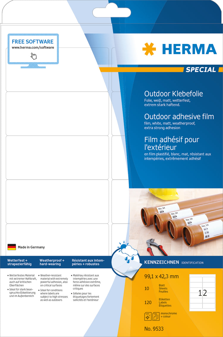 Weatherproof Outdoor Film Labels A4, 99.1 x 42.3mm, White, Extremely Strong Adhesion, Stretchable (120 labels / 10 sheets)