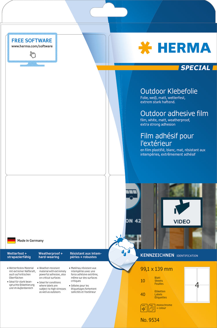 Weatherproof Outdoor Film Labels A4, 99.1 x 139mm, White, Extremely Strong Adhesion, Stretchable (40 labels / 10 sheets)