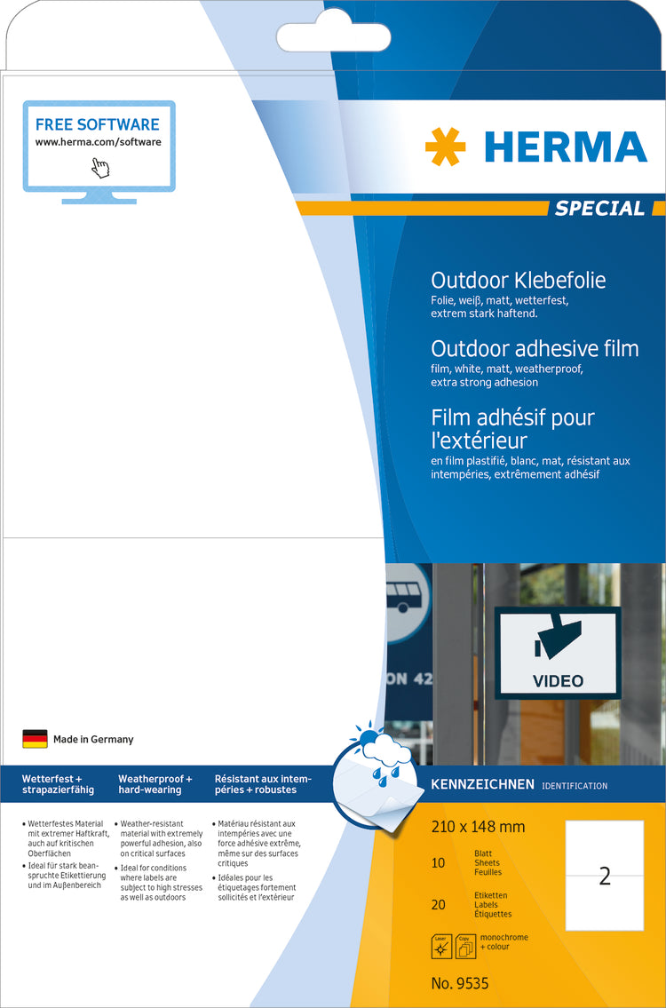 Weatherproof Outdoor Film Labels A4, 210 x 148mm, White, Extremely Strong Adhesion, Stretchable (20 labels / 10 sheets)