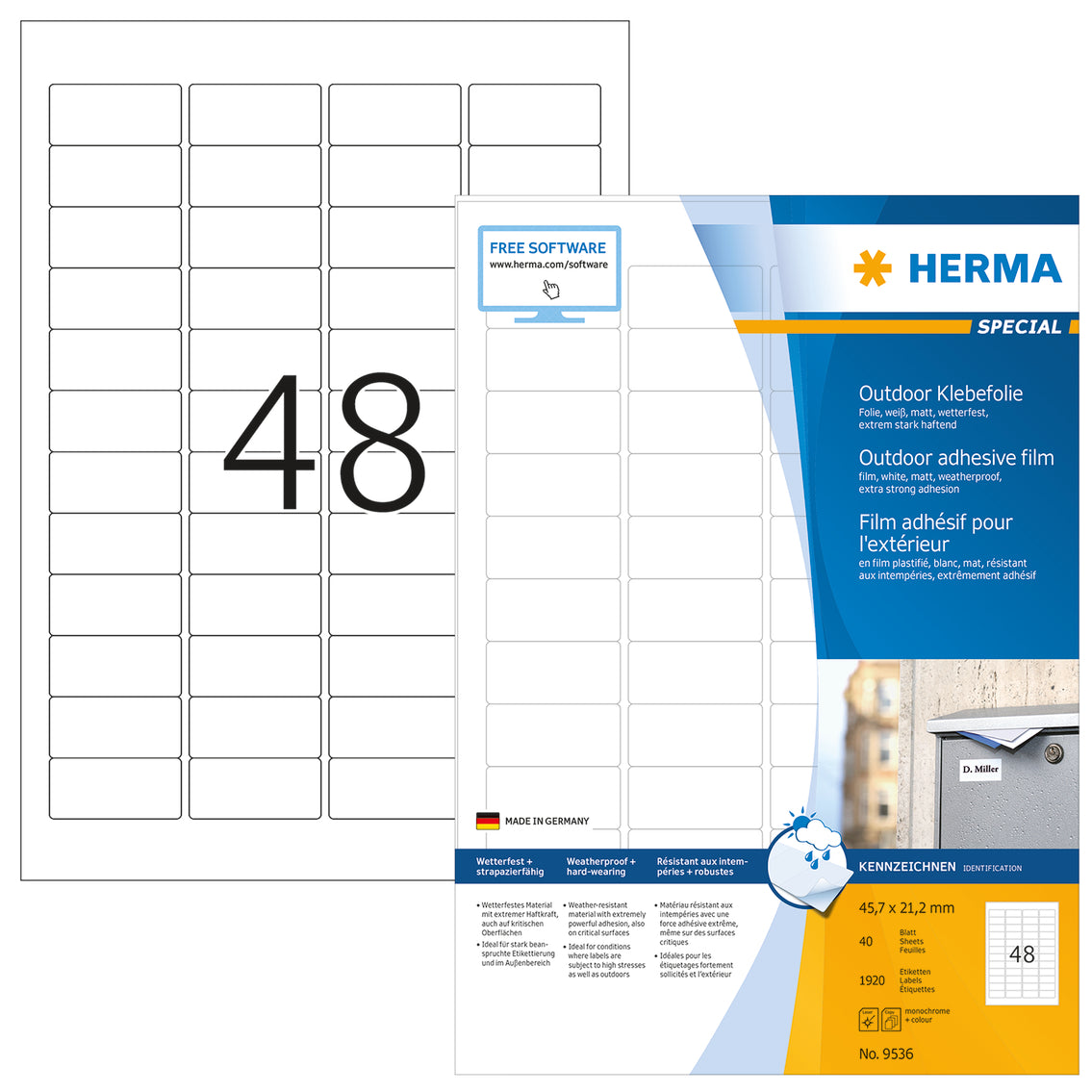 Weatherproof Outdoor Film Labels A4, 45.7 x 21.2mm, White, Extremely Strong Adhesion, Stretchable (1920 labels / 40 sheets)