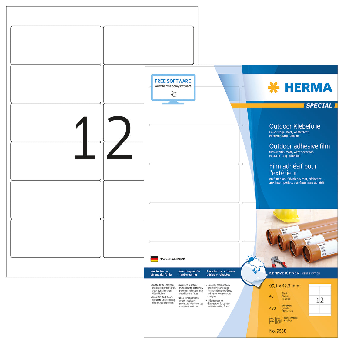 Weatherproof Outdoor Film Labels A4, 99.1 x 42.3mm, White, Extremely Strong Adhesion, Stretchable (480 labels / 40 sheets)
