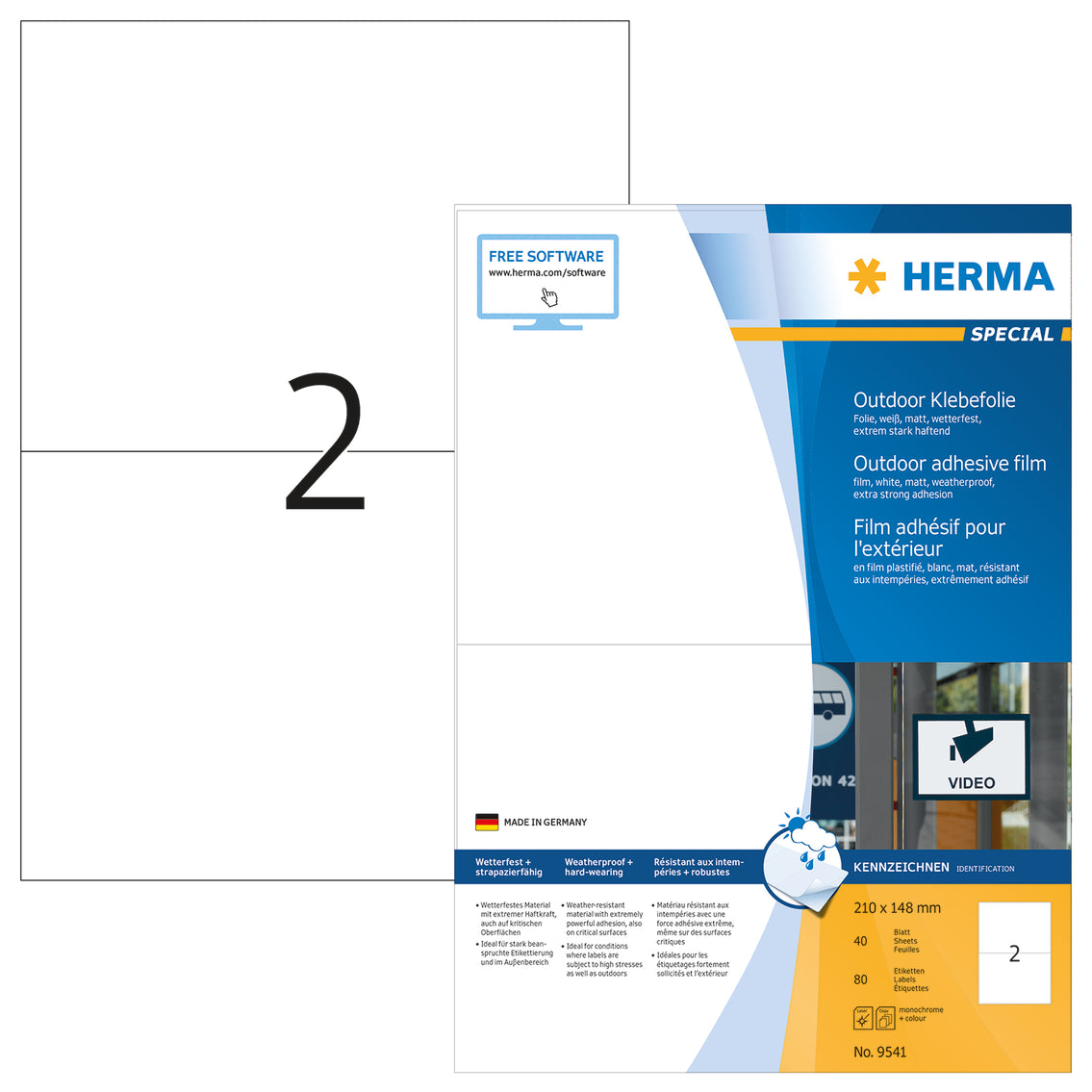 Weatherproof Outdoor Film Labels A4, 210 x 148mm, White, Extremely Strong Adhesion, Stretchable (80 labels / 40 sheets)