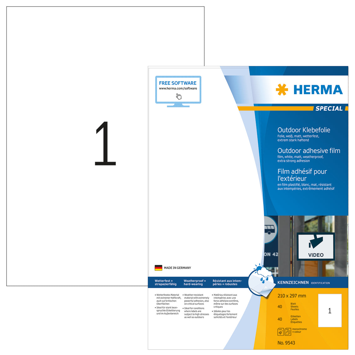 Weatherproof Outdoor Film Labels A4, 210 x 297mm, White, Extremely Strong Adhesion, Stretchable (40 labels / 40 sheets)