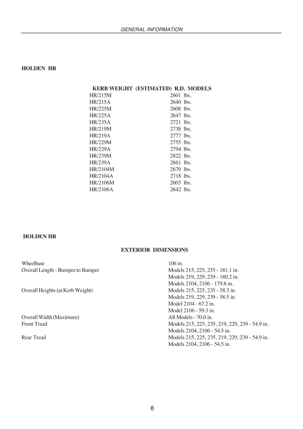 Holden EH HD HR Repair Manual 1963-1968