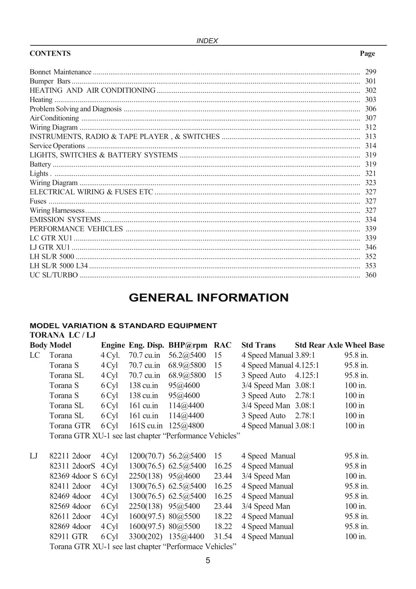 Holden Torana LU LJ LH LX GTR XU-1 Repair Manual 69-79